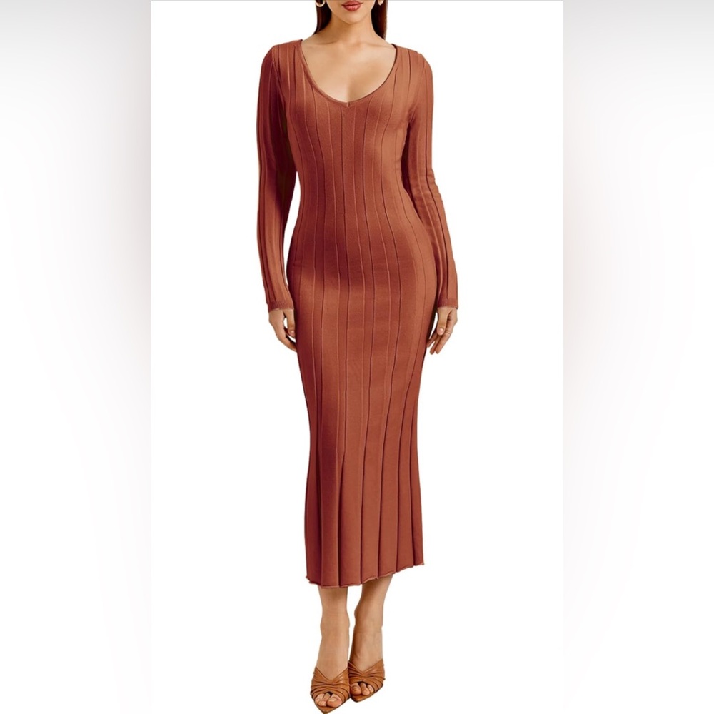 V Neck Ribbed Knit Bodycon Maxi Dresses - Rustic Orange Sz S - Picture 4 of 7